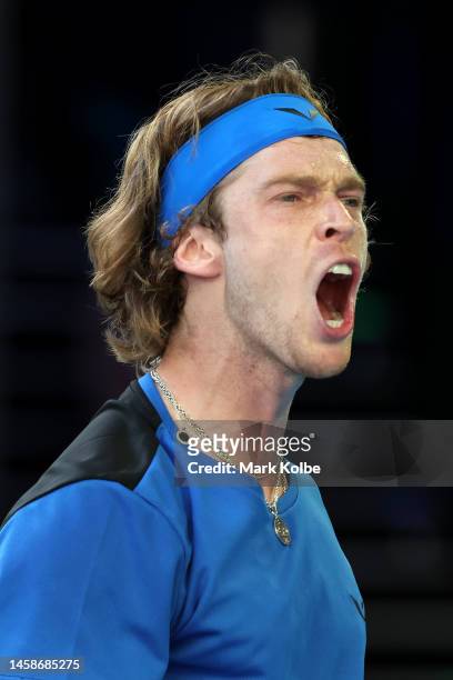 Andrey Rublev of Russia reacts in the fourth round singles match against Holger Rune of Denmark during day eight of the 2023 Australian Open at...