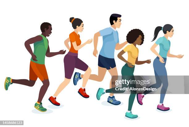 ilustrações de stock, clip art, desenhos animados e ícones de multi-ethnic group running people, men and women. - atleticismo