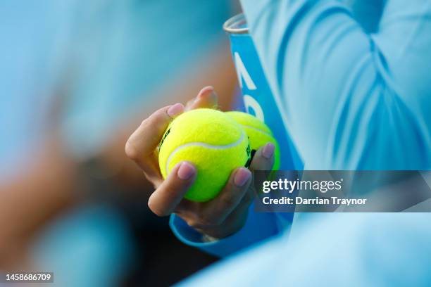 Official tennis balls are seen during day eight of the 2023 Australian Open at Melbourne Park on January 23, 2023 in Melbourne, Australia.