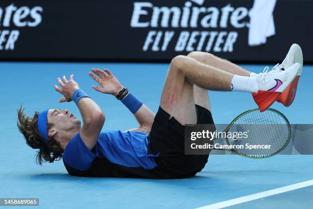 Andrey Rublev of Russia celebrates winning match point in the fourth round singles match against Holger Rune of Denmark during day eight of the 2023...