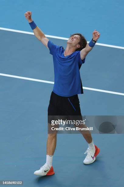 Andrey Rublev of Russia celebrates winning in the fourth round singles match against Holger Rune of Denmark during day eight of the 2023 Australian...