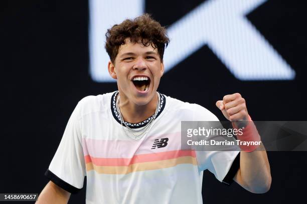 Ben Shelton of the United States celebrates winning in the fourth round singles match against J.J. Wolf of the United States during day eight of the...