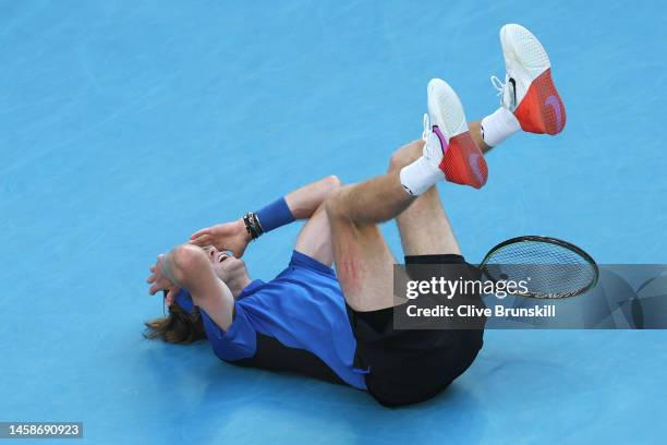 Andrey Rublev of Russia celebrates winning match point in the fourth round singles match against Holger Rune of Denmark during day eight of the 2023...