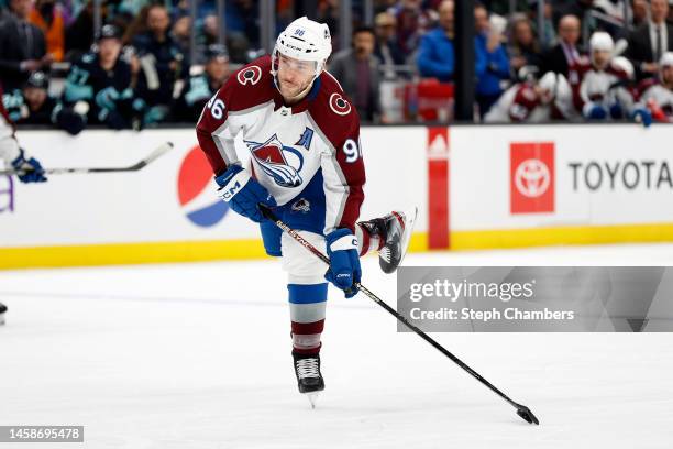 Mikko Rantanen of the Colorado Avalanche shoots during the first period against the Seattle Kraken at Climate Pledge Arena on January 21, 2023 in...