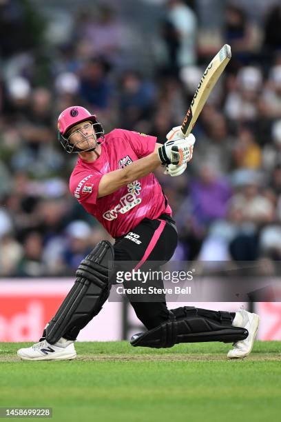 Steve Smith of the Sixers hits a six during the Men's Big Bash League match between the Hobart Hurricanes and the Sydney Sixers at Blundstone Arena,...
