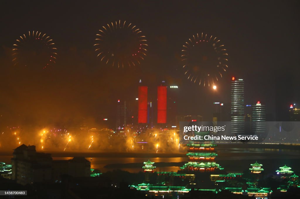 Spring Fireworks Fireworks explode over the Tengwang Pavilion to celebrate the Spring ...