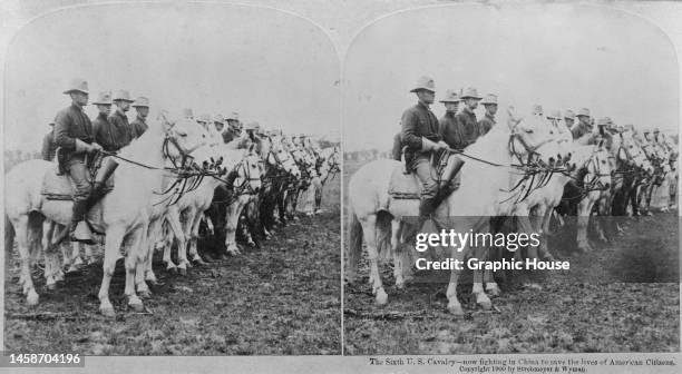 Stereoscopic image showing military personnel of the Sixth United States Cavalry preparing to go into battle to save the lives of American citizens,...