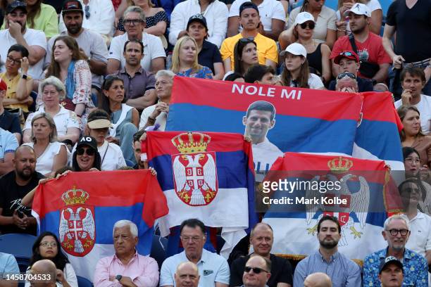 Fans show their support during the fourth round singles match between Alex de Minaur of Australia and Novak Djokovic of Serbia on Rod Laver Arena...