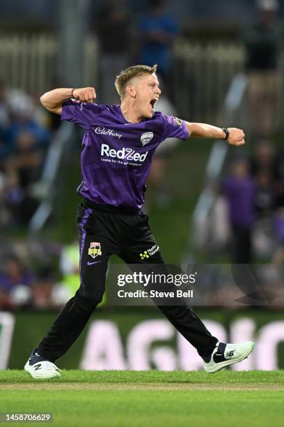 Nathan Ellis of the Hurricanes celebrates the wicket of Steve Smith of the Sixers during the Men's Big Bash League match between the Hobart...