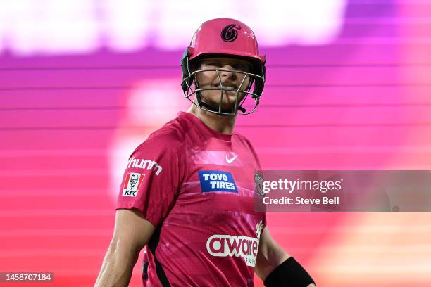 Steve Smith of the Sixers reacts after being dismissed by Nathan Ellis of the Hurricanes during the Men's Big Bash League match between the Hobart...