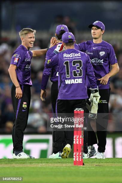 Nathan Ellis of the Hurricanes celebrates the wicket of Steve Smith of the Sixers during the Men's Big Bash League match between the Hobart...