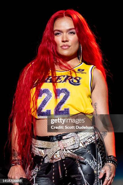 Singer Karol G performs onstage at Calibash Latin Music Festival at Crypto.com Arena on January 22, 2023 in Los Angeles, California.