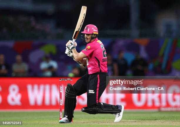 Ben Dwarshuis of the Sixers bats during the Men's Big Bash League match between the Hobart Hurricanes and the Sydney Sixers at Blundstone Arena, on...