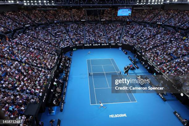 General view of Rod Laver Arena during the fourth round singles match of Alex de Minaur of Australia and Novak Djokovic of Serbia during day eight of...