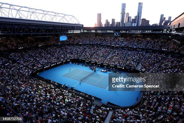 General view of Rod Laver Arena during the fourth round singles match of Alex de Minaur of Australia and Novak Djokovic of Serbia during day eight of...
