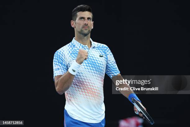 Novak Djokovic of Serbia celebrates during the fourth round singles match against Alex de Minaur of Australia during day eight of the 2023 Australian...