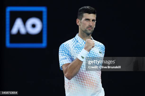 Novak Djokovic of Serbia celebrates during the fourth round singles match against Alex de Minaur of Australia during day eight of the 2023 Australian...