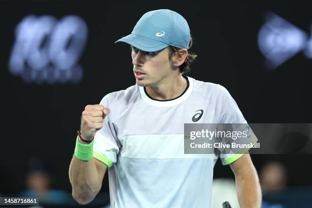 Alex de Minaur of Australia celebrates during the fourth round singles match against Novak Djokovic of Serbia during day eight of the 2023 Australian...