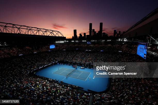 General view of Rod Laver Arena during the fourth round singles match of Alex de Minaur of Australia and Novak Djokovic of Serbia during day eight of...