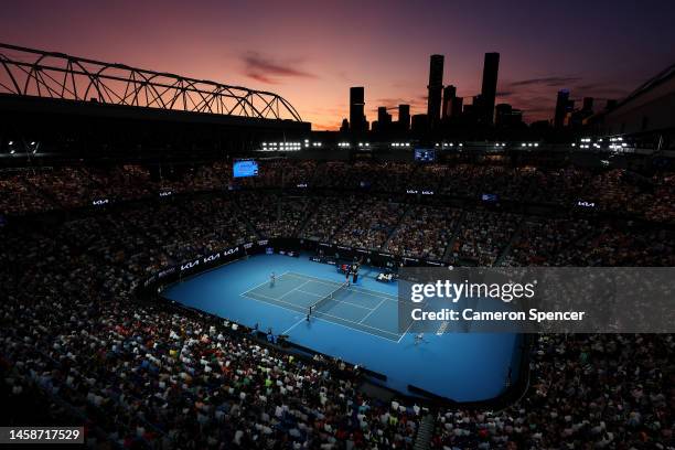 General view of Rod Laver Arena during the fourth round singles match of Alex de Minaur of Australia and Novak Djokovic of Serbia during day eight of...