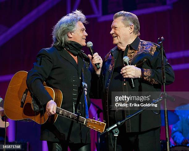 Marty Stuart and Stonewall Jackson perform during Marty Stuart's 11th annual Late Night Jam at the Ryman Auditorium on June 7, 2012 in Nashville,...