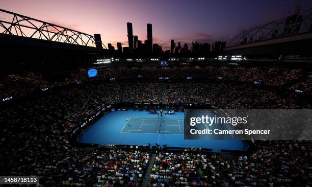 General view of Rod Laver Arena during the fourth round singles match of Alex de Minaur of Australia and Novak Djokovic of Serbia during day eight of...