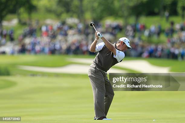 Lee Westwood of England plays into the 9th green during the second round of the Nordea Scandinavian Masters at Bro Hof Slott Golf Club on June 7,...