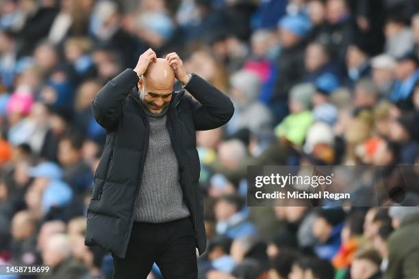 Manchester City manager Pep Guadiola reacts during the Premier League match between Manchester City and Wolverhampton Wanderers at Etihad Stadium on...