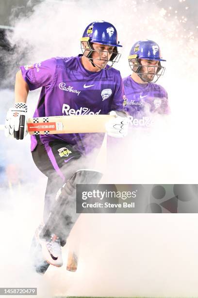 Caleb Jewell and Ben McDermott of the Hurricanes take the field during the Men's Big Bash League match between the Hobart Hurricanes and the Sydney...