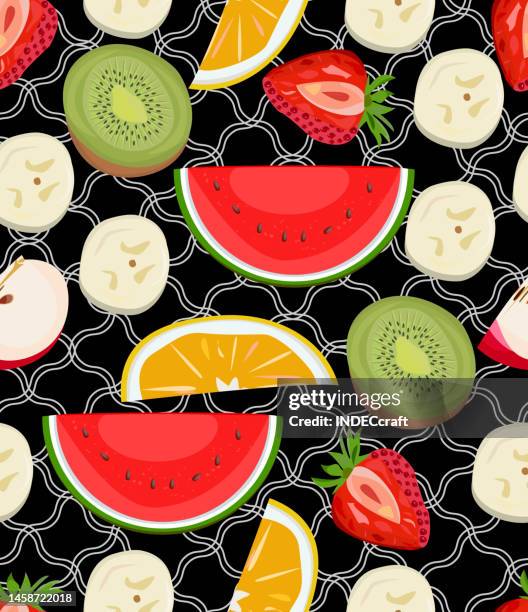 mixed fruits seamless pattern - orange fruit black background stock illustrations