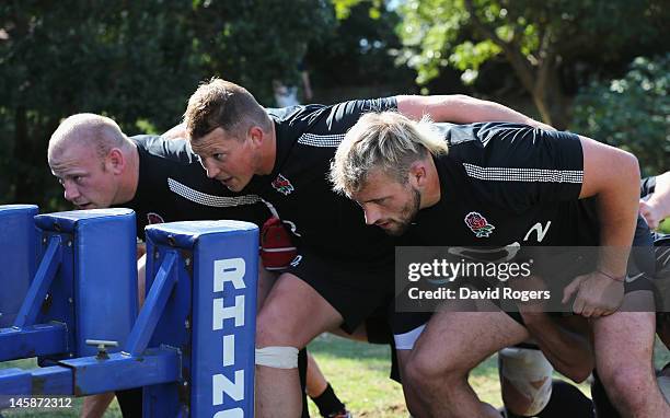 The England front row Joe Marler, Dylan Hartley and Dan Cole practice their scrummaging during the England training session held at Northwood...