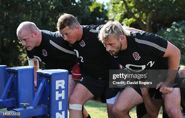 The England front row Joe Marler, Dylan Hartley and Dan Cole practice their scrummaging during the England training session held at Northwood...