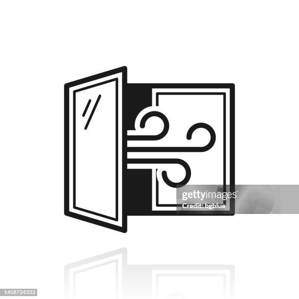 fenster öffnen - lüften des raumes. symbol mit reflexion auf weißem hintergrund - fenster offen stock-grafiken, -clipart, -cartoons und -symbole