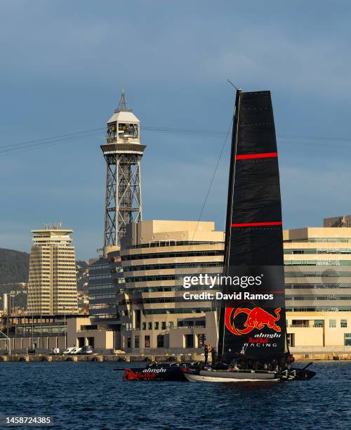 The Alinghi Red Bull Racing BoatZero gets ready in Barcelona's harbour prior to a training session on January 23, 2023 in Barcelona, Spain. The...