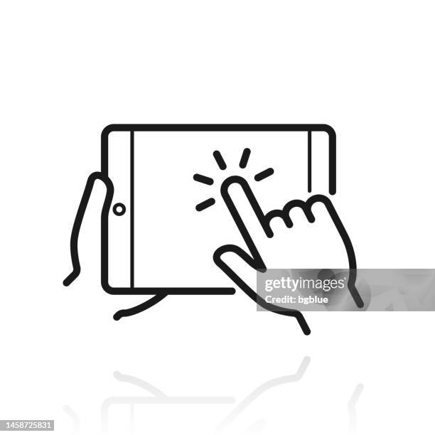 hand touch screen tablet pc. icon with reflection on white background - ipad screen hands stock illustrations