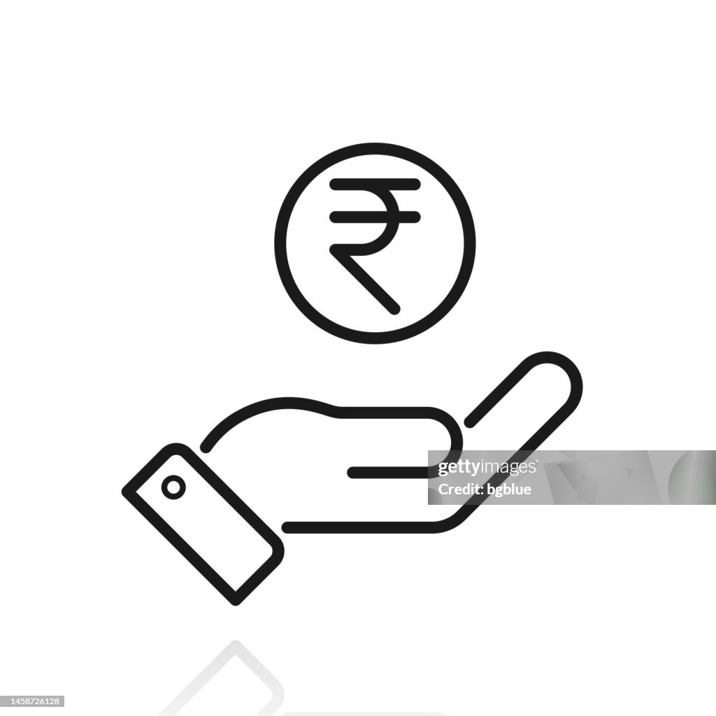 Indian rupee coin in hand. Icon with reflection on white background