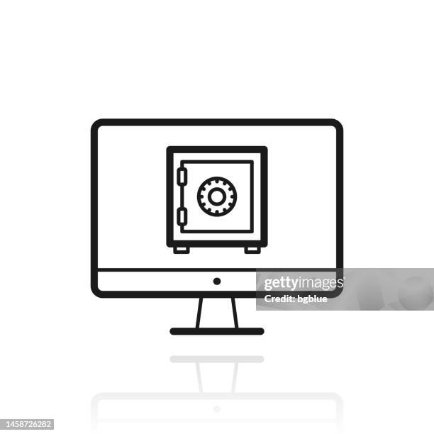 desktop computer with safe box. icon with reflection on white background - desktop computer screen close stock illustrations