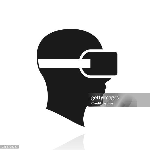 head with vr virtual reality headset. icon with reflection on white background - augmented reality goggles stock illustrations