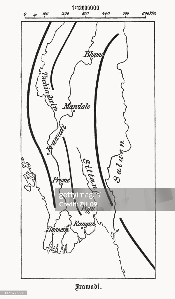 Map of the Irrawaddy River, Myanmar, wood engraving, published 1899