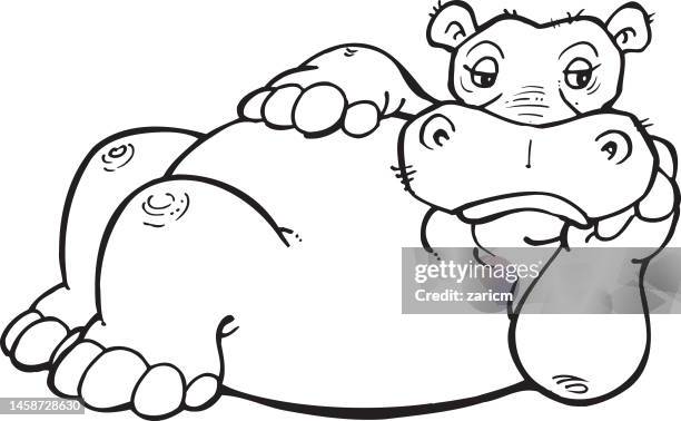 ilustraciones, imágenes clip art, dibujos animados e iconos de stock de lindo hipopótamo. dibujo en blanco y negro. - hipopótamo