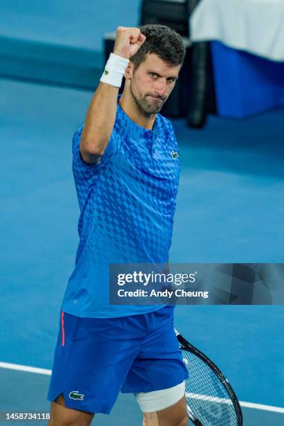 Novak Djokovic of Serbia celebrates victory in the fourth round singles match against Alex de Minaur of Australia during day eight of the 2023...