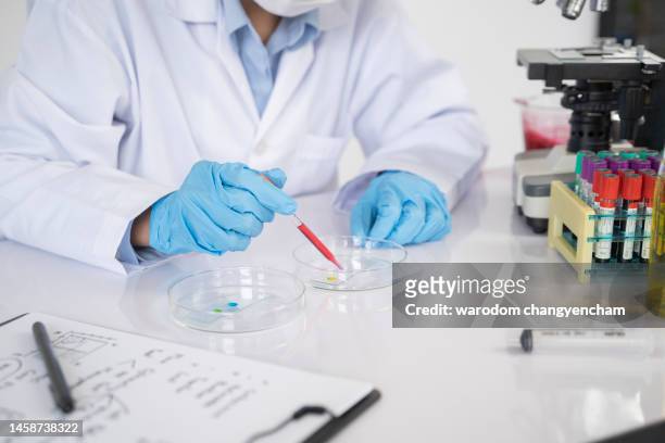 scientist preparing blood grouping compounds with laboratory glassware. - doctor lab coat bildbanksfoton och bilder