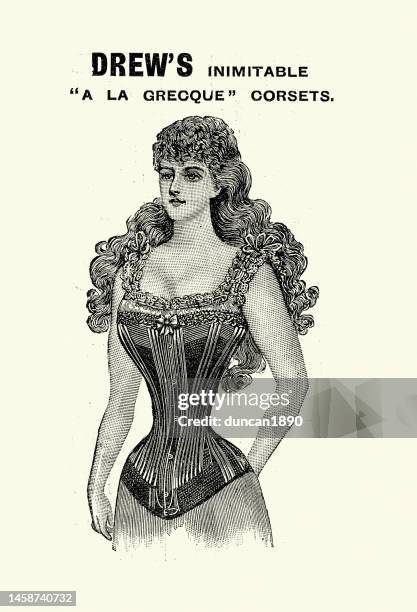 young woman wearing a la grecque corset, victorian women's underwear, fashion, 1890s, 19th century - vintage corset 幅插畫檔、美工圖案、卡通及圖標