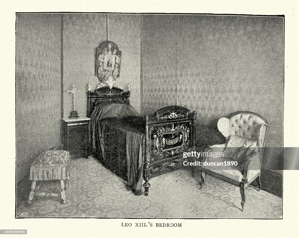 Pope Leo XIII's bedroom, Bed, Armchair, The Vatican, 1890s, 19th Century