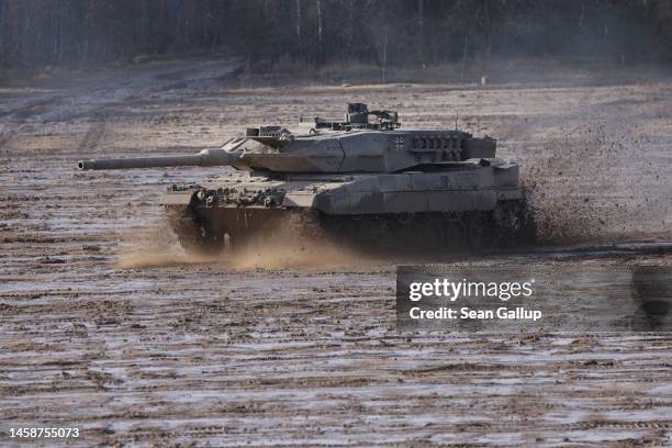 Leopard 2 A6 heavy battle tank of the Bundeswehr's 9th Panzer Training Brigade participates in a demonstration of capabilities during a visit by...