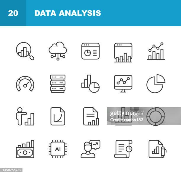 illustrations, cliparts, dessins animés et icônes de icônes de ligne d’analyse de données. contour modifiable. pixel parfait. pour mobile et web. contient des icônes telles que analytics, intelligence artificielle, évaluation, big data, graphique, cloud computing, tableau de bord, analyse de données, - tableau de bord support visuel