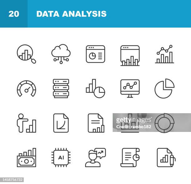 data analysis line icons. editable stroke. pixel perfect. for mobile and web. contains such icons as analytics, artificial intelligence, assessment, big data, chart, cloud computing, dashboard, data analysis, diagram, finance, performance, statistics. - performing arts event stock illustrations