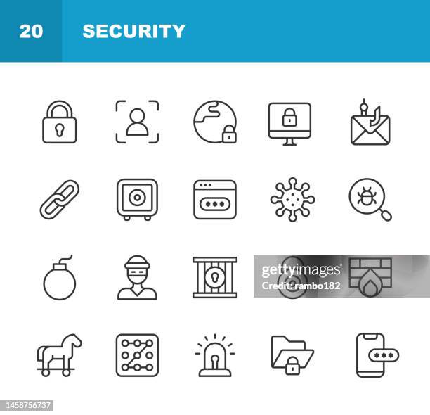 security line icons. editable stroke. pixel perfect. for mobile and web. contains such icons as artificial intelligence, bitcoin, cryptography, cybersecurity, encryption, facial recognition, fingerprint, password, phishing, privacy, surveillance, virus. - data center security stock illustrations