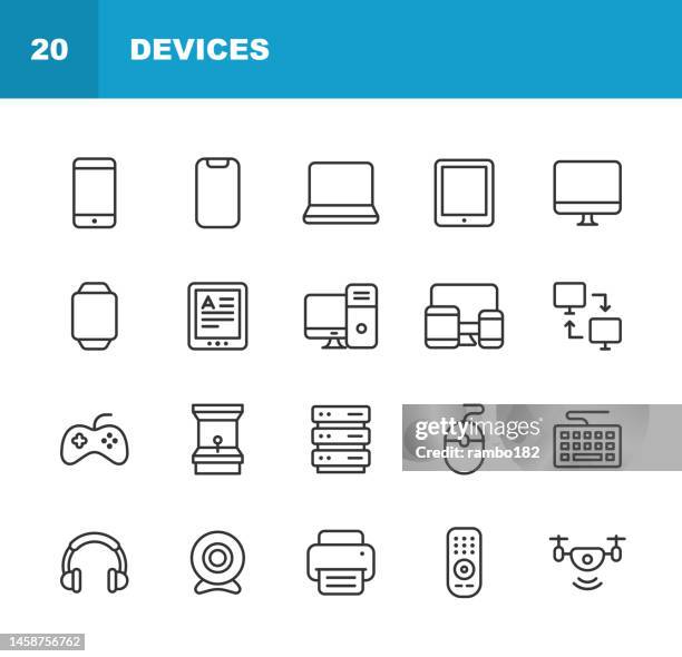geräte liniensymbole. bearbeitbarer strich. pixel perfekt. für mobile und web. enthält symbole wie künstliche intelligenz, kamera, computer, datenbank, drohne, kopfhörer, laptop, monitor, pc, smartphone, smartwatch, tablet, videospiel, virtuelle reali - fernbedienung stock-grafiken, -clipart, -cartoons und -symbole