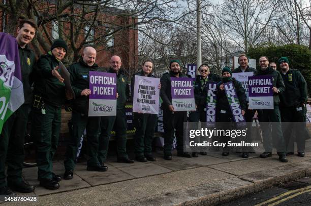 Striking ambulance staff on their picket line at Fulham Ambulance station on January 23, 2023 in London, United Kingdom. Unite union have announced...